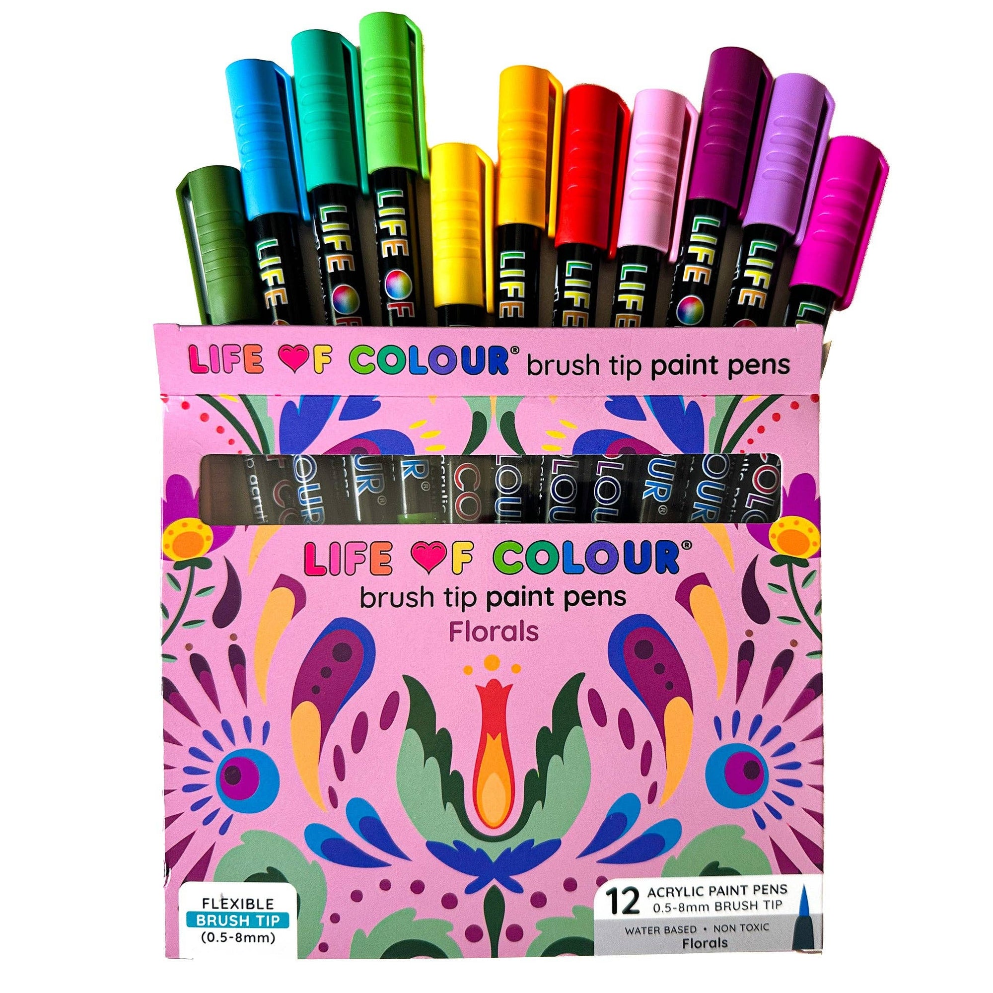Life of Colour - Floral Colours Brush Tip Acrylic Paint Pens - Set of 12