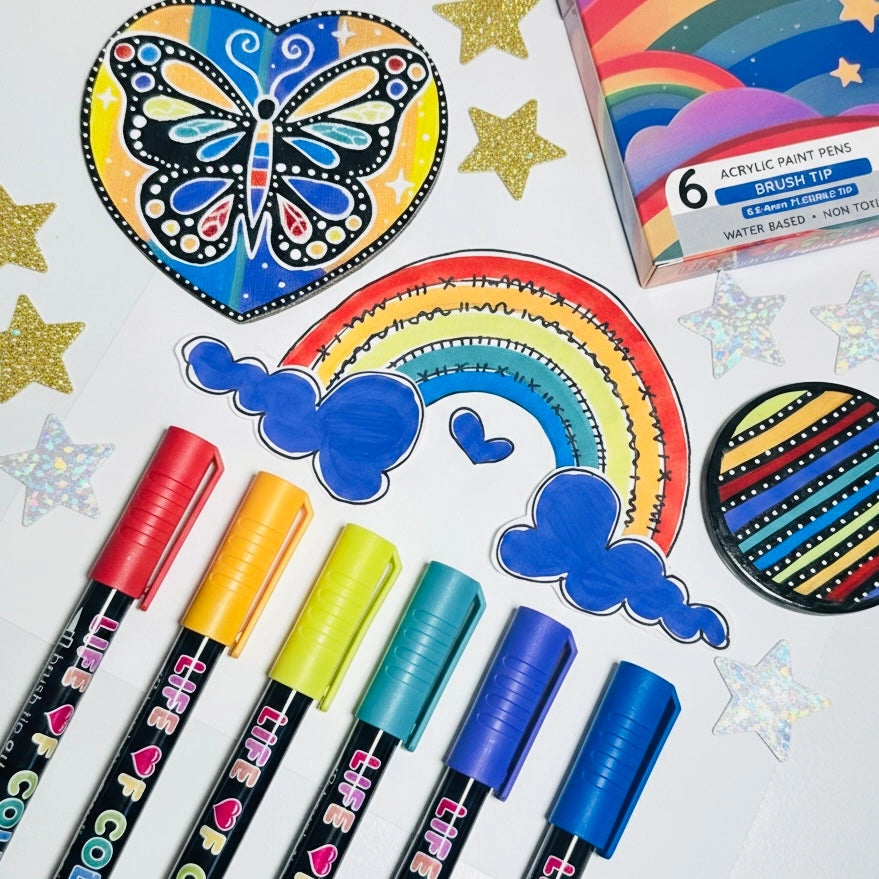 Life of Colour - Rainbow Colours Brush Tip Acrylic Paint Pens – Set of 6