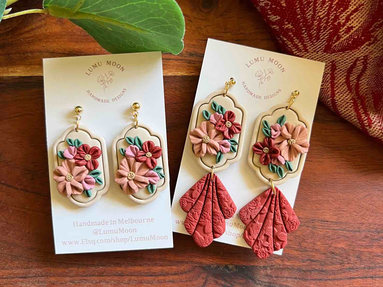Lumu Moon - Red & Floral Bouquet Earrings - Long