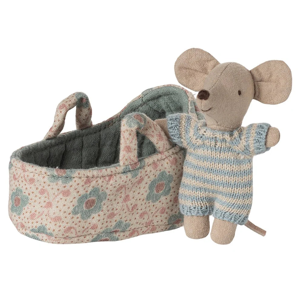 Maileg Baby Mouse in Carry Cot Blue