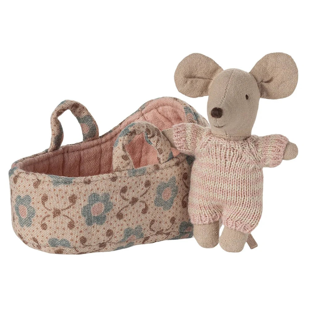 Maileg Baby Mouse in Carry Cot Rose