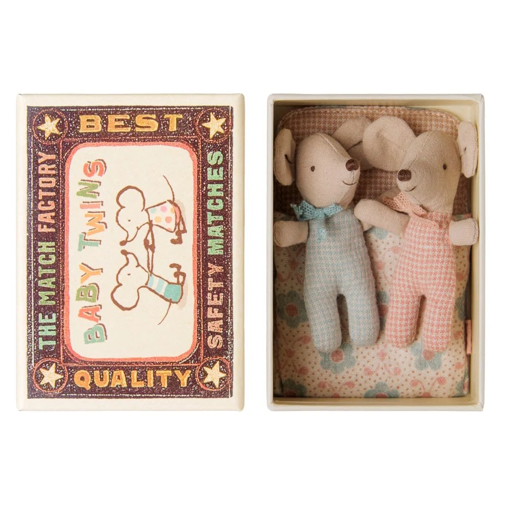 Maileg Twins Baby Mice in Matchbox Checker