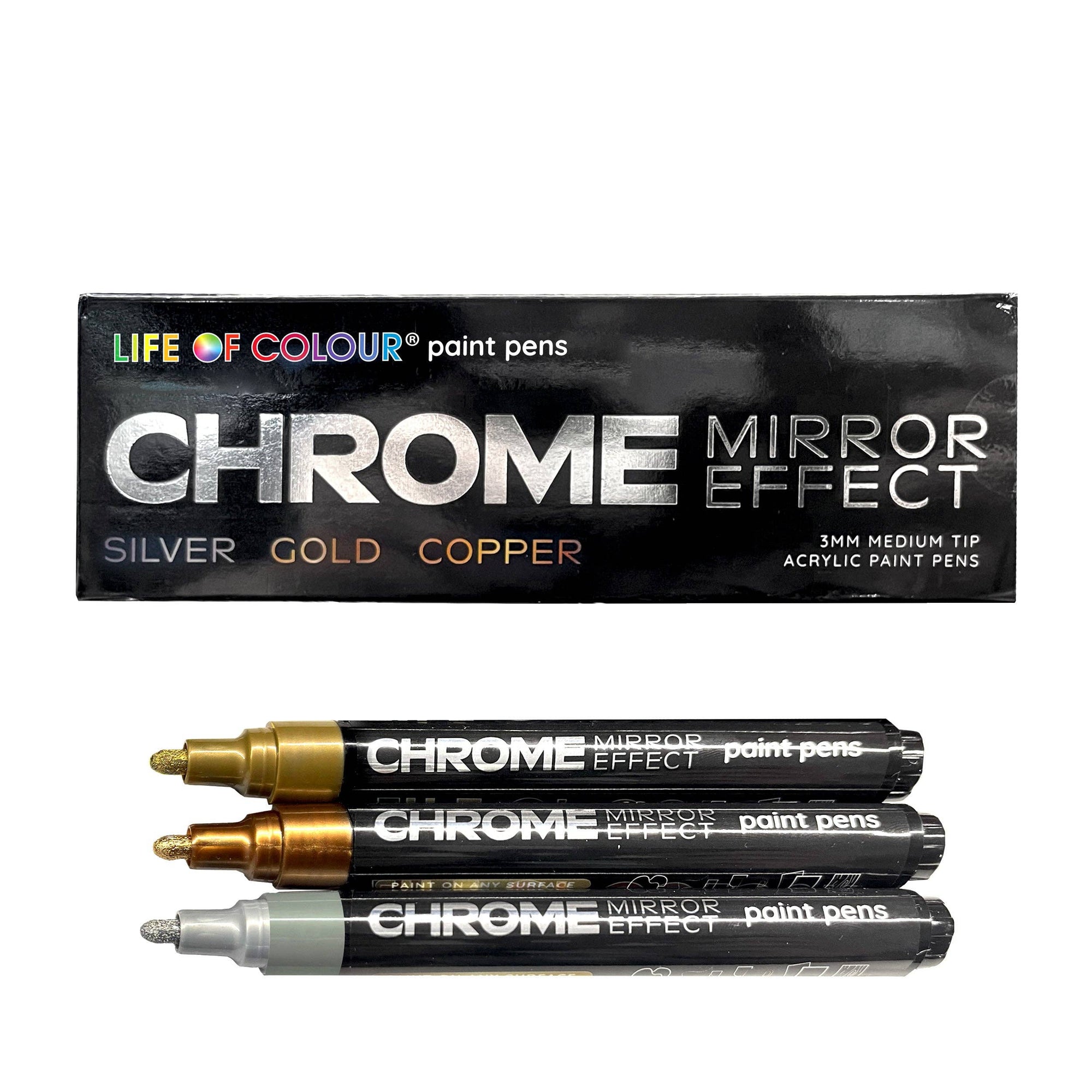 Life of Colour - Chrome Mirror Effect 3mm Medium Tip Acrylic Paint Pens - Set of 3