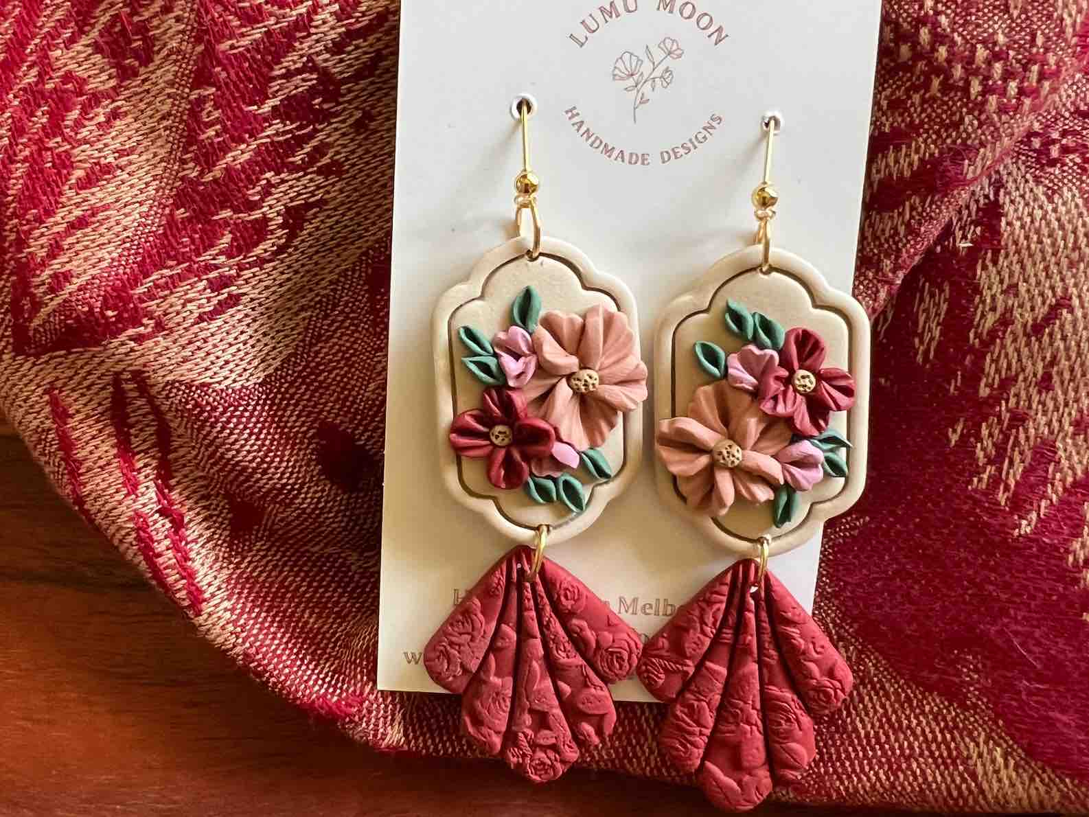 Lumu Moon - Red & Floral Bouquet Earrings - Long