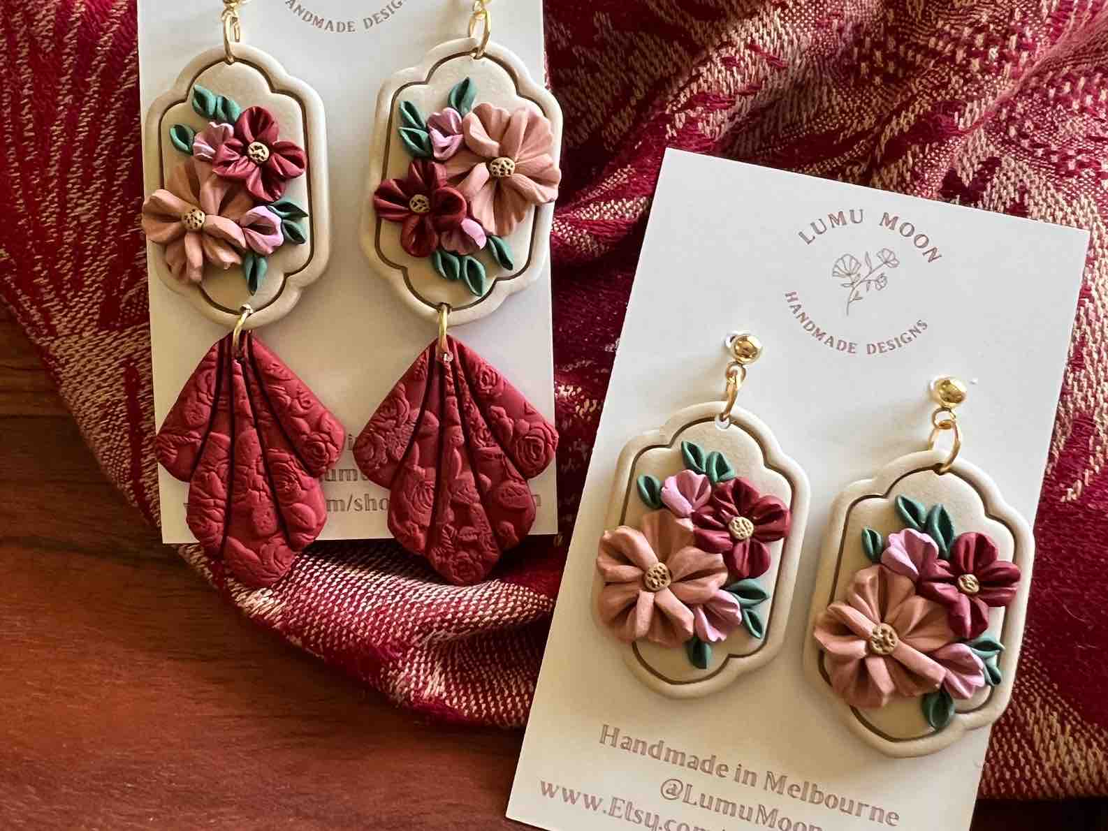 Lumu Moon - Red & Floral Bouquet Earrings - Short