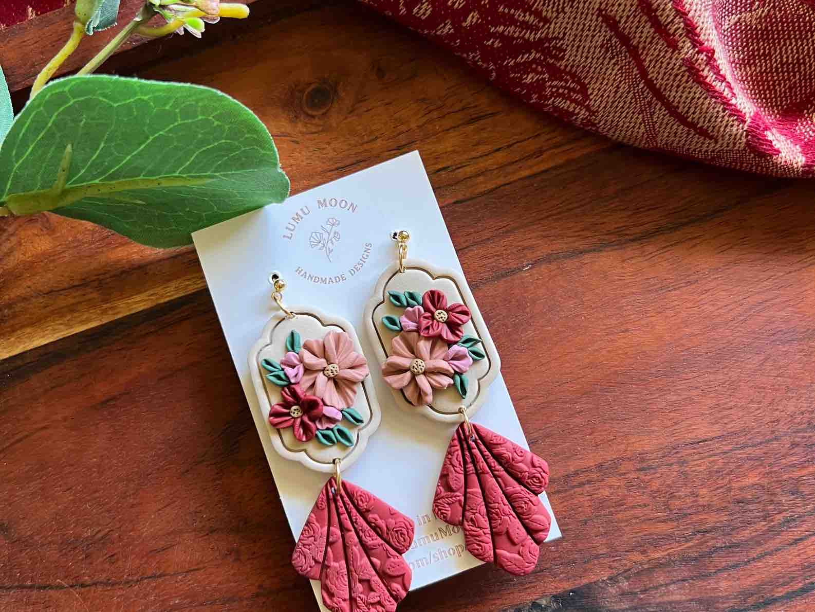 Lumu Moon - Red & Floral Bouquet Earrings - Long