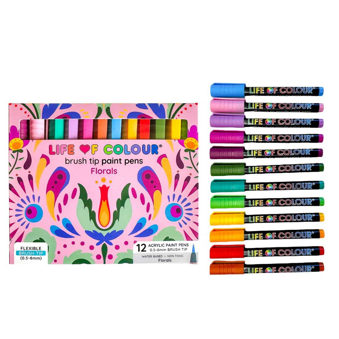 Life of Colour - Floral Colours Brush Tip Acrylic Paint Pens - Set of 12