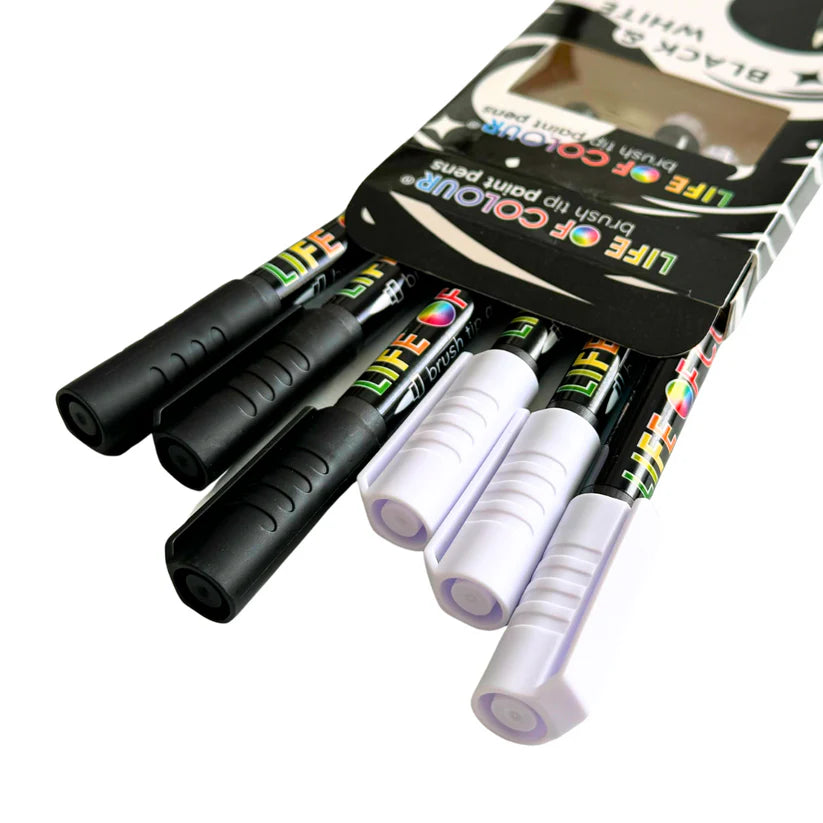Life of Colour - Black and White Brush Tip Acrylic Paint Pens – Set of 6
