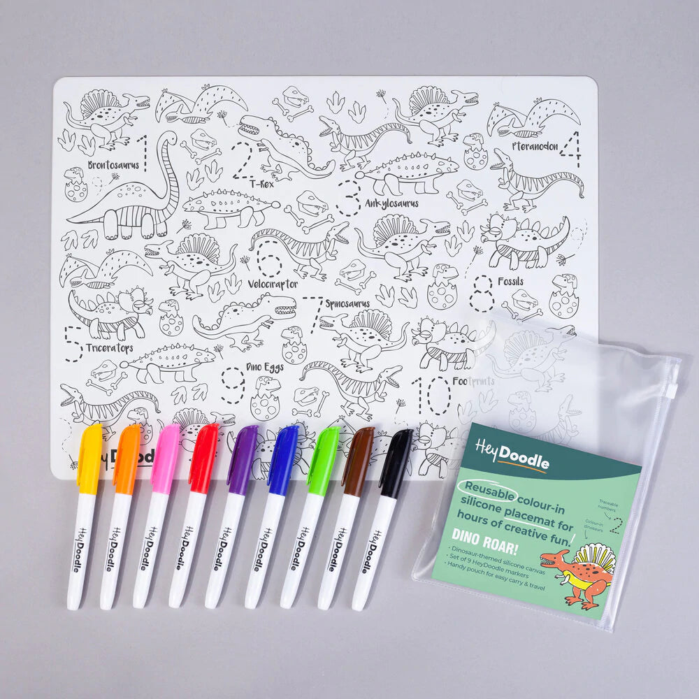 travel mat, travel kids activity, travel friendly, art on the go, hey doodle, dinosaur activity