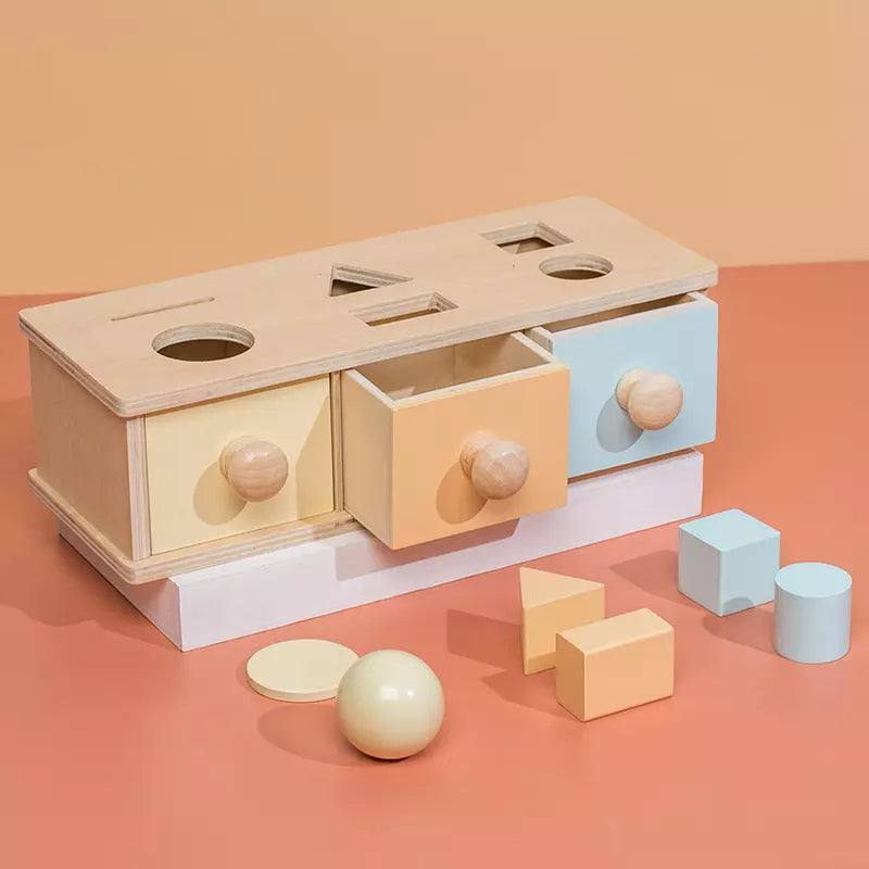 learning shapes with montessori permanence box with 3 drawes