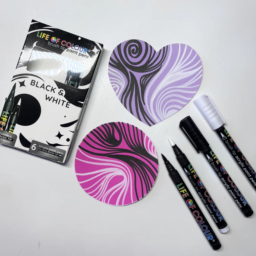 Life of Colour - Black and White Brush Tip Acrylic Paint Pens – Set of 6