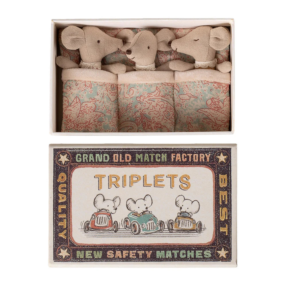 Maileg Triplets Baby Mice in Matchbox Checker