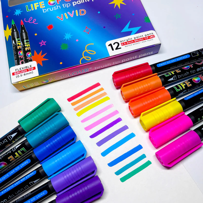 Life of Colour - Vivid Brush Tip Acrylic Paint Pens - Set of 12