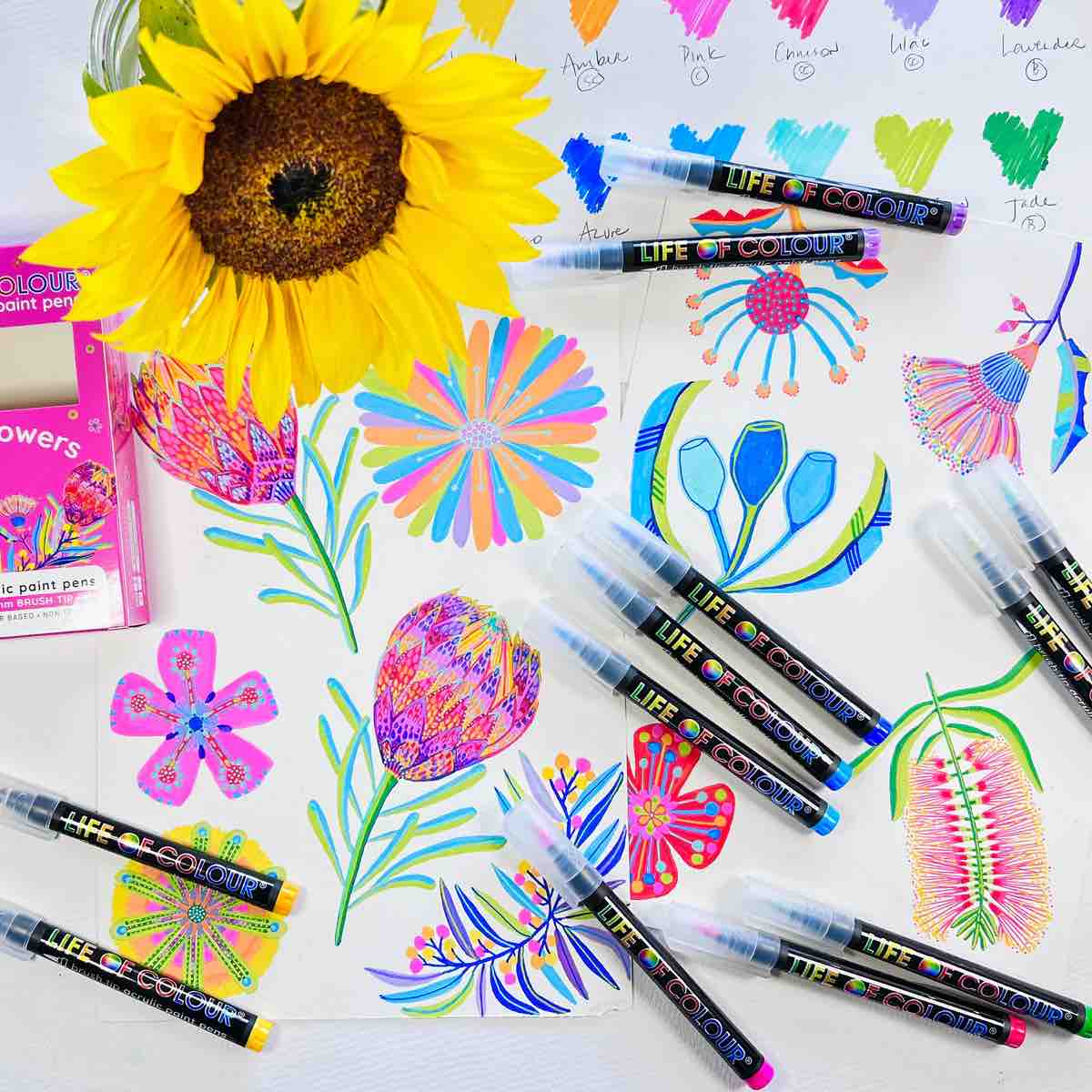 Life of Colour - Wildflowers Brush Tip Acrylic Paint Pens - Set of 12