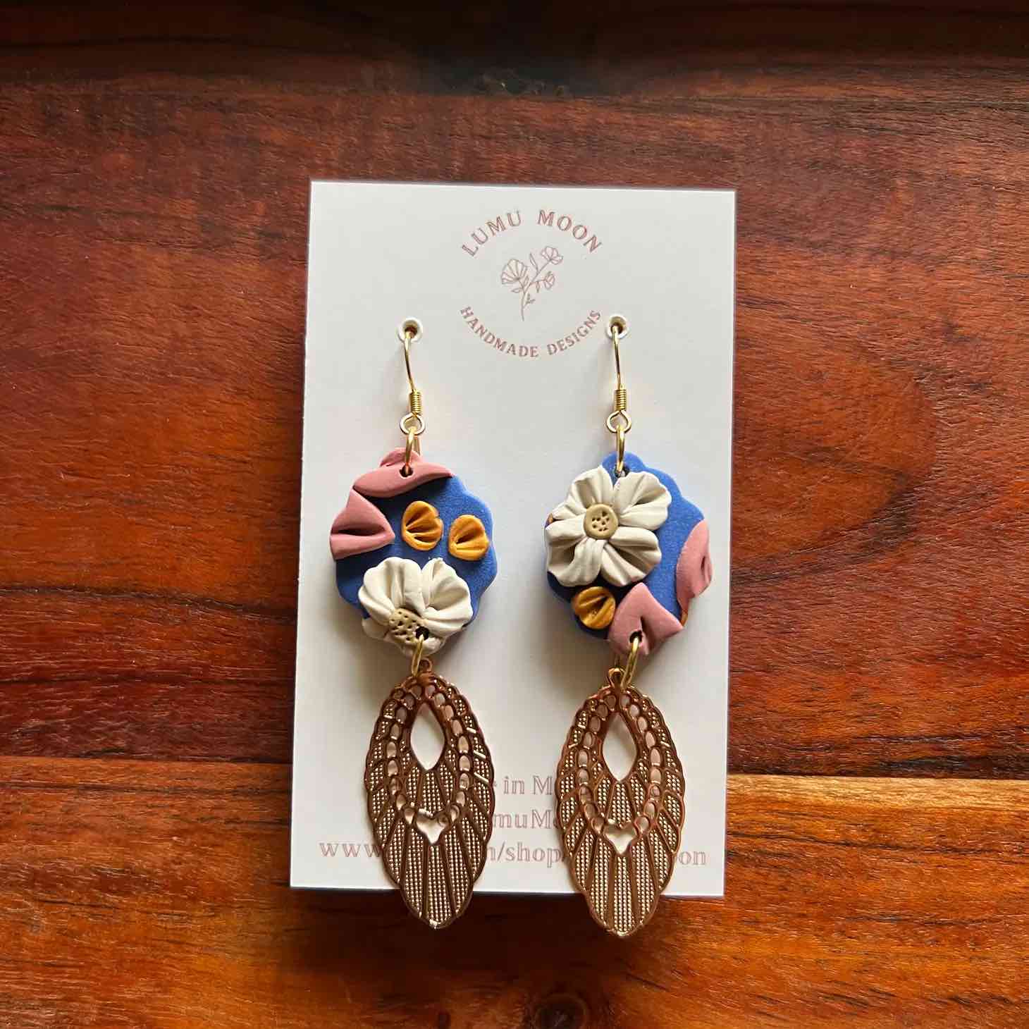 Lumu Moon - Blue Blossom Statement Earrings with Leaf Charm