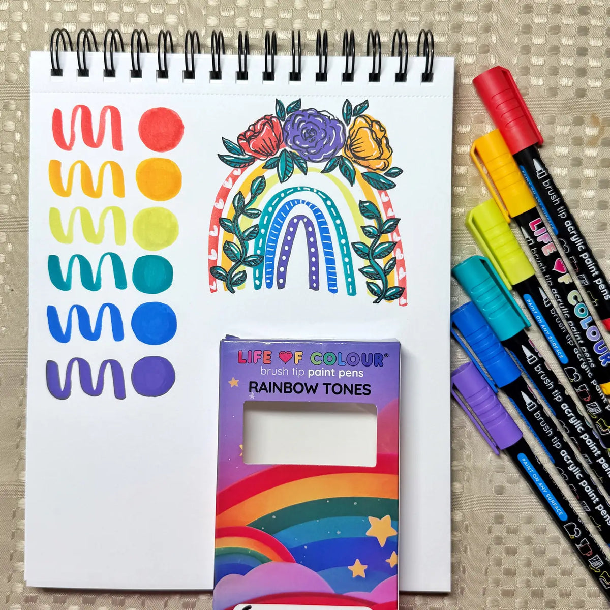 Life of Colour - Rainbow Colours Brush Tip Acrylic Paint Pens – Set of 6