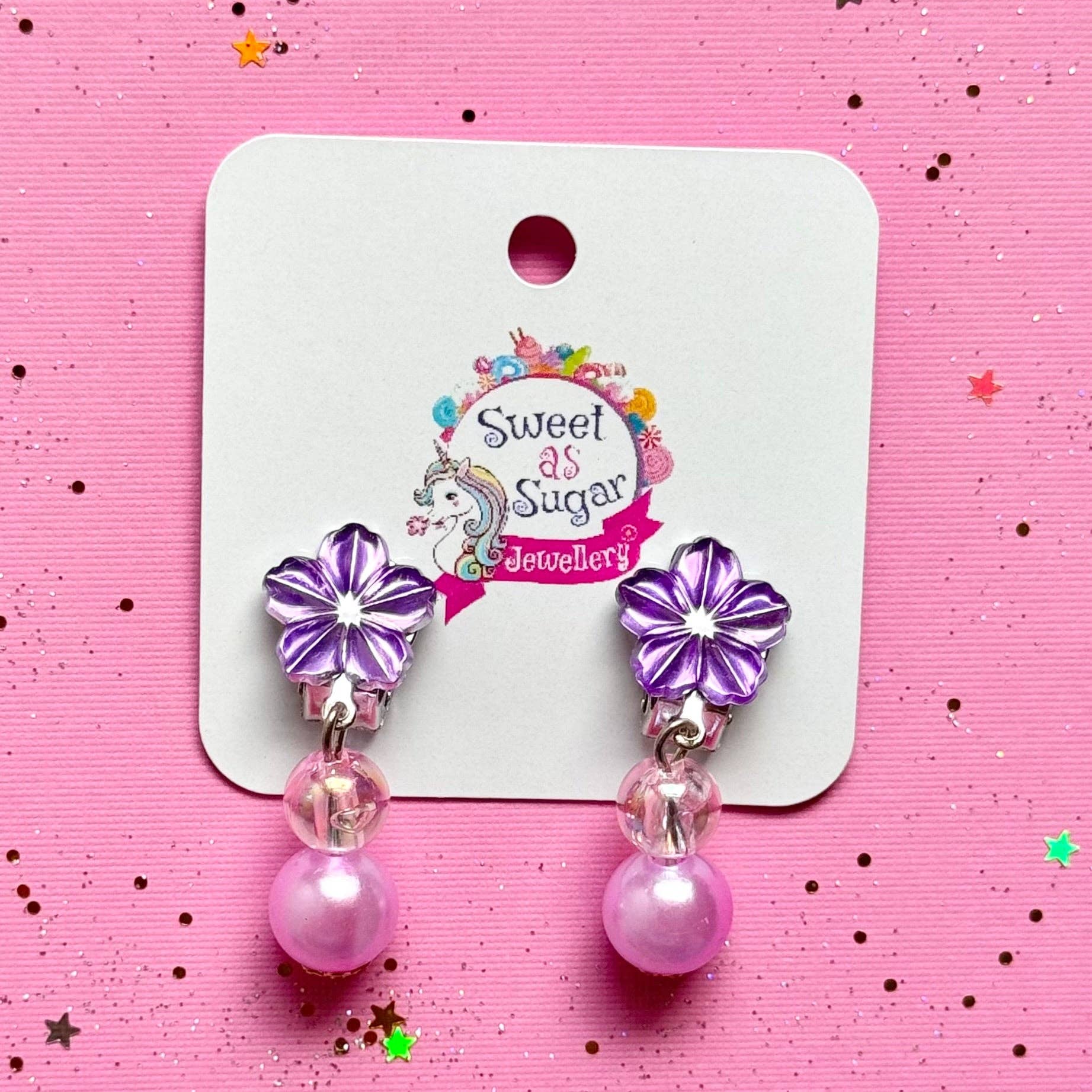Sweet as Sugar Jewellery Earrings Clip On Purple Flower