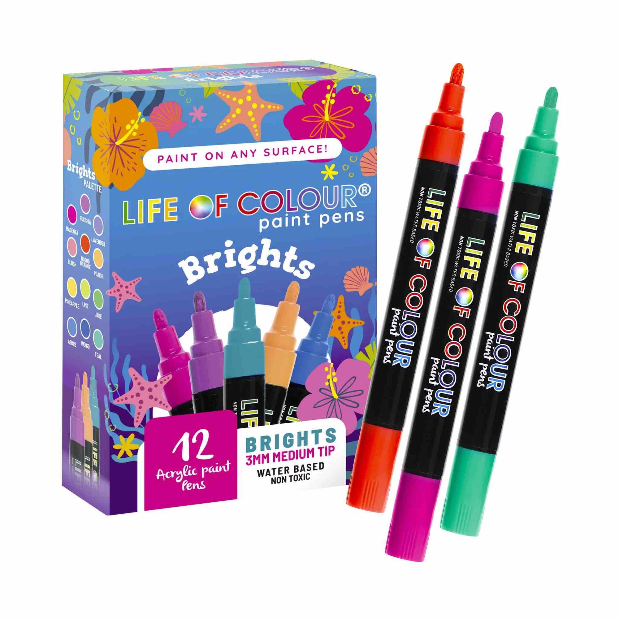 Life of Colour - Bright Colours 3mm Medium Tip Acrylic Paint Pens