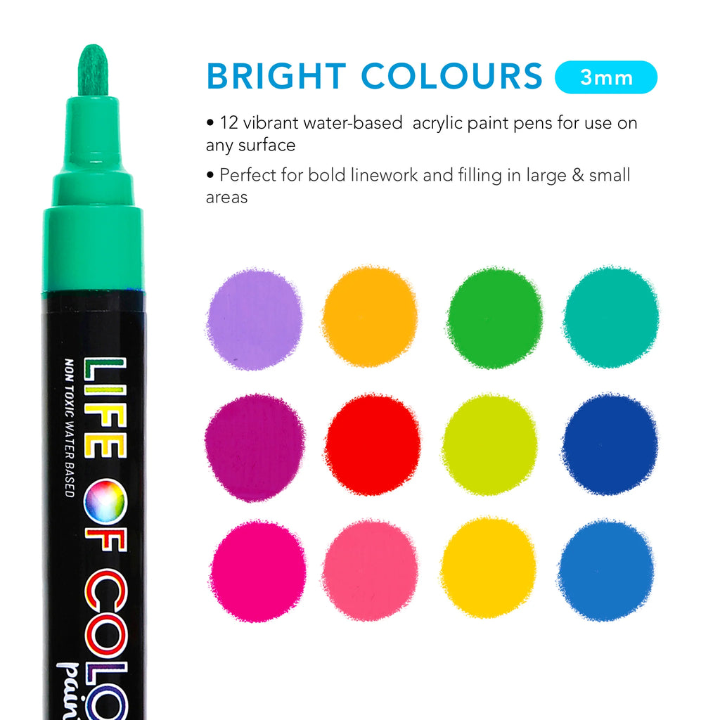 Life of Colour - Bright Colours 3mm Medium Tip Acrylic Paint Pens