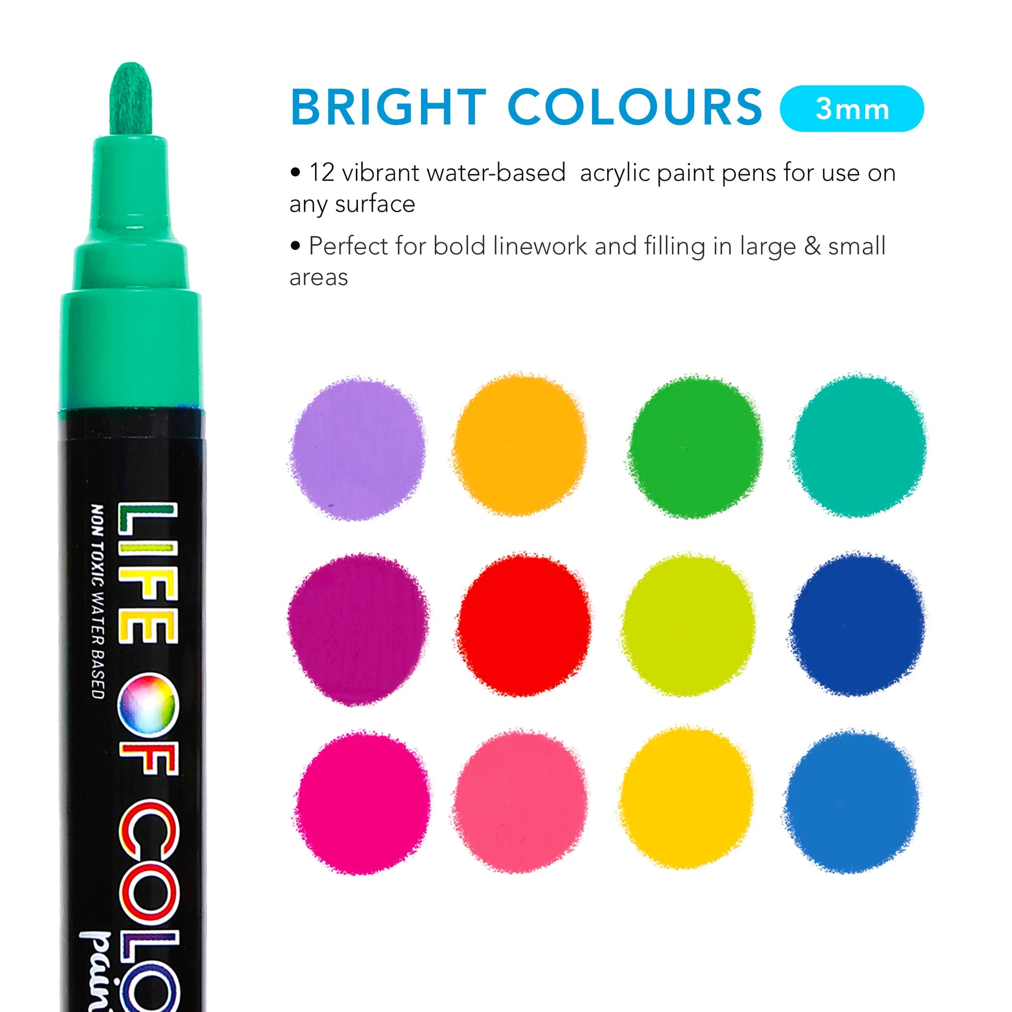 Life of Colour - Bright Colours 3mm Medium Tip Acrylic Paint Pens